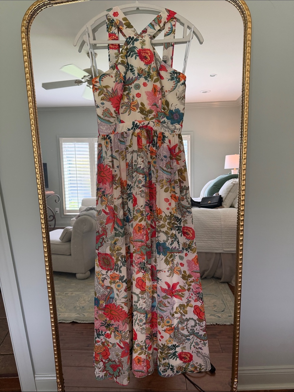 Lulu's Cream Floral Crossback Maxi Dress with Multicolor Blooms